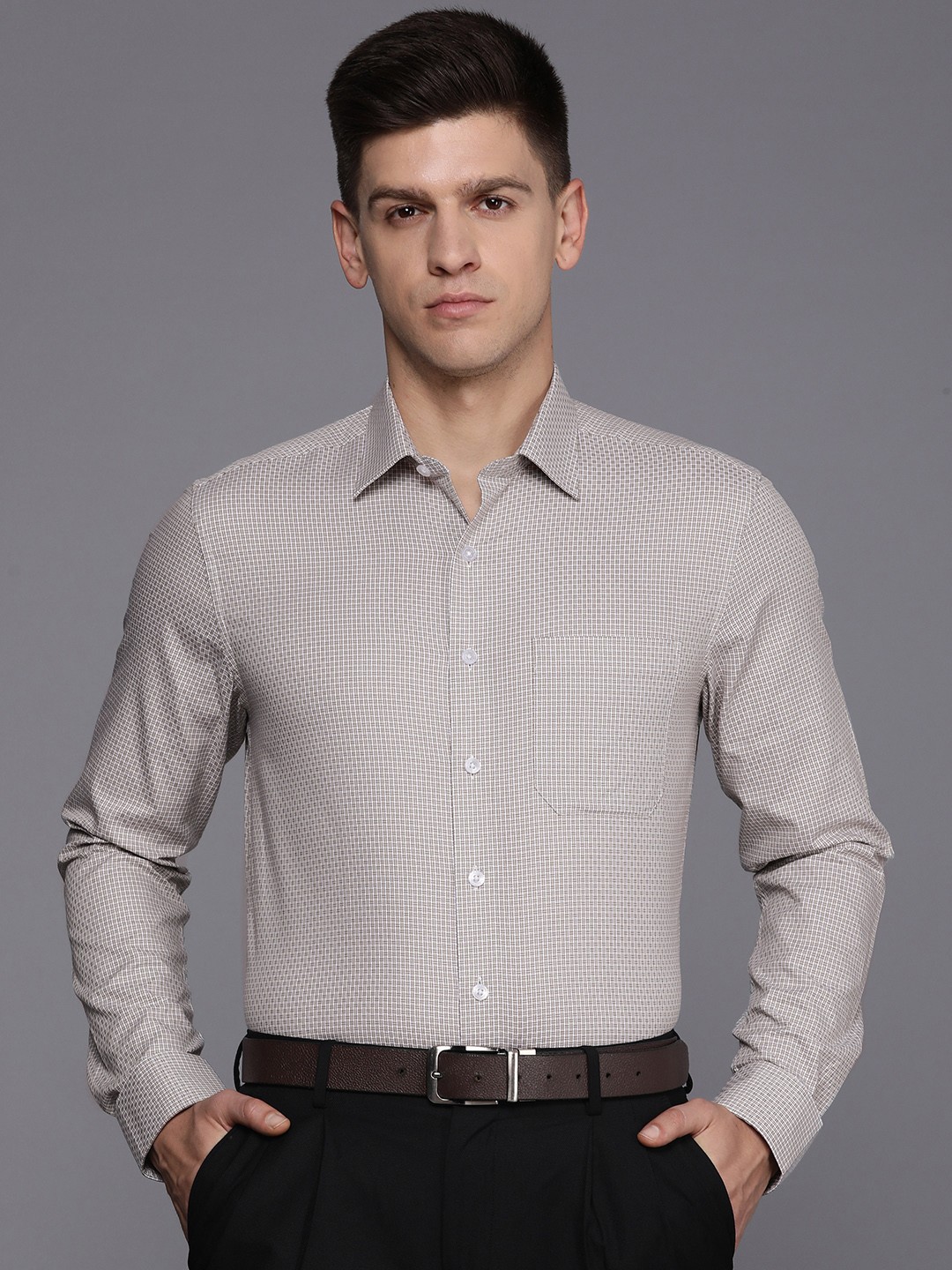 

Louis Philippe Pure Cotton Slim Fit Opaque Checked Formal Shirt, Brown
