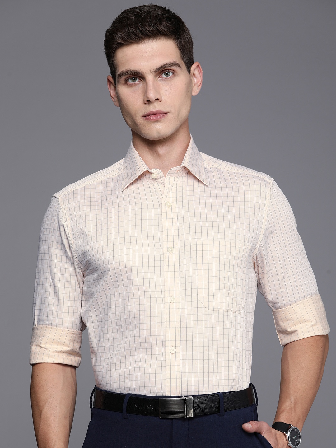 

Louis Philippe Pure Cotton Classic Grid Tattersall Checked Formal Shirt, Beige