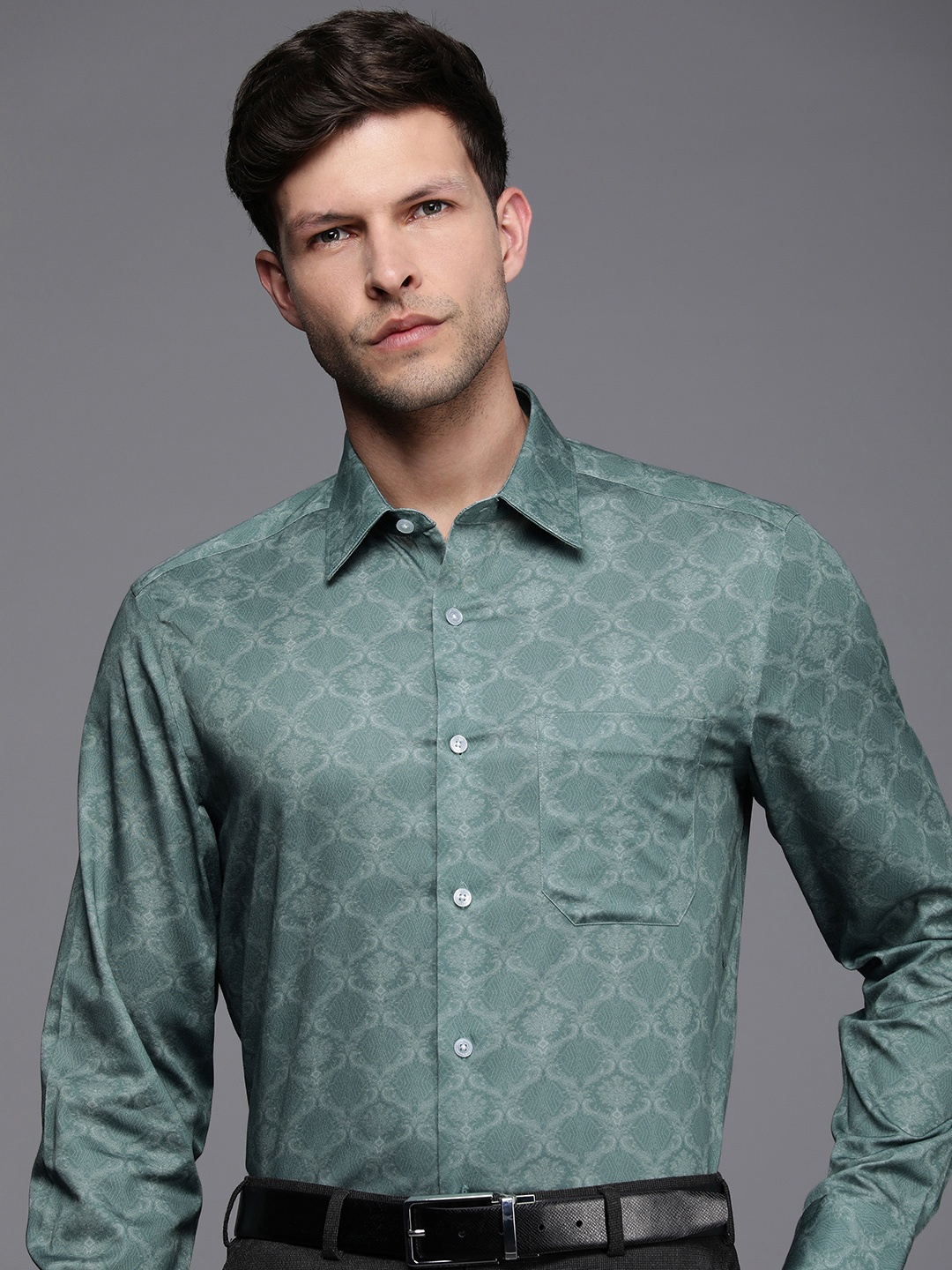 

Louis Philippe Classic Fit Ethnic Motifs Printed Pure Cotton Formal Shirt, Teal