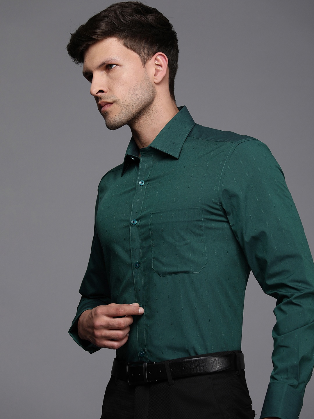 

Louis Philippe Pure Cotton Self Design Textured Classic Opaque Formal Shirt, Green