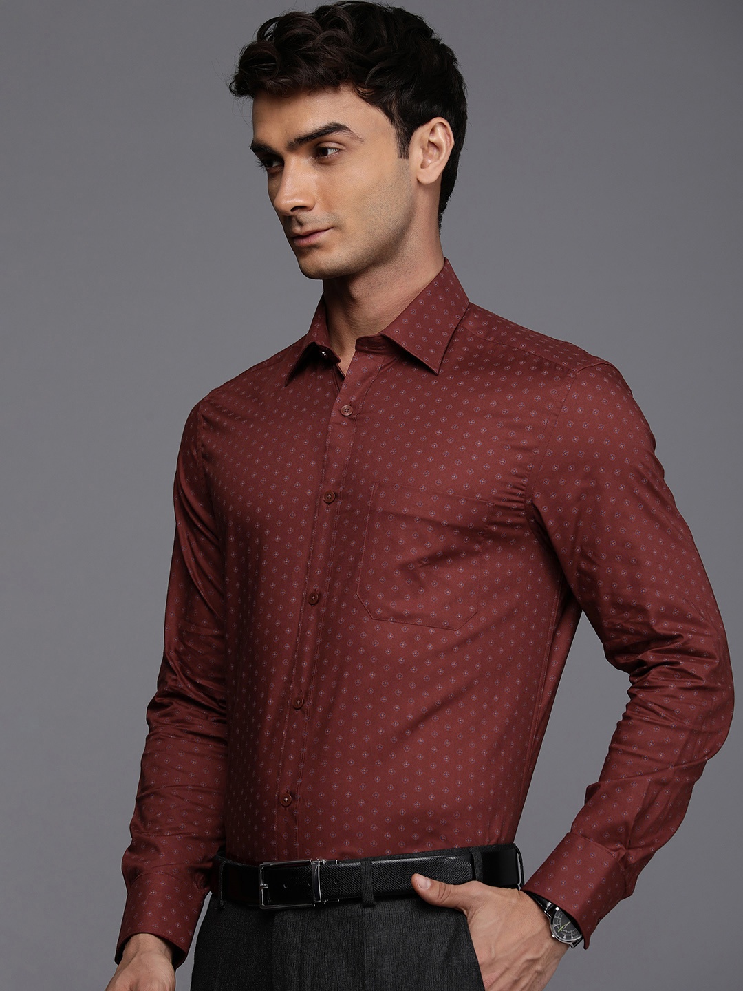 

Louis Philippe Classic Fit Floral Printed Pure Cotton Formal Shirt, Maroon
