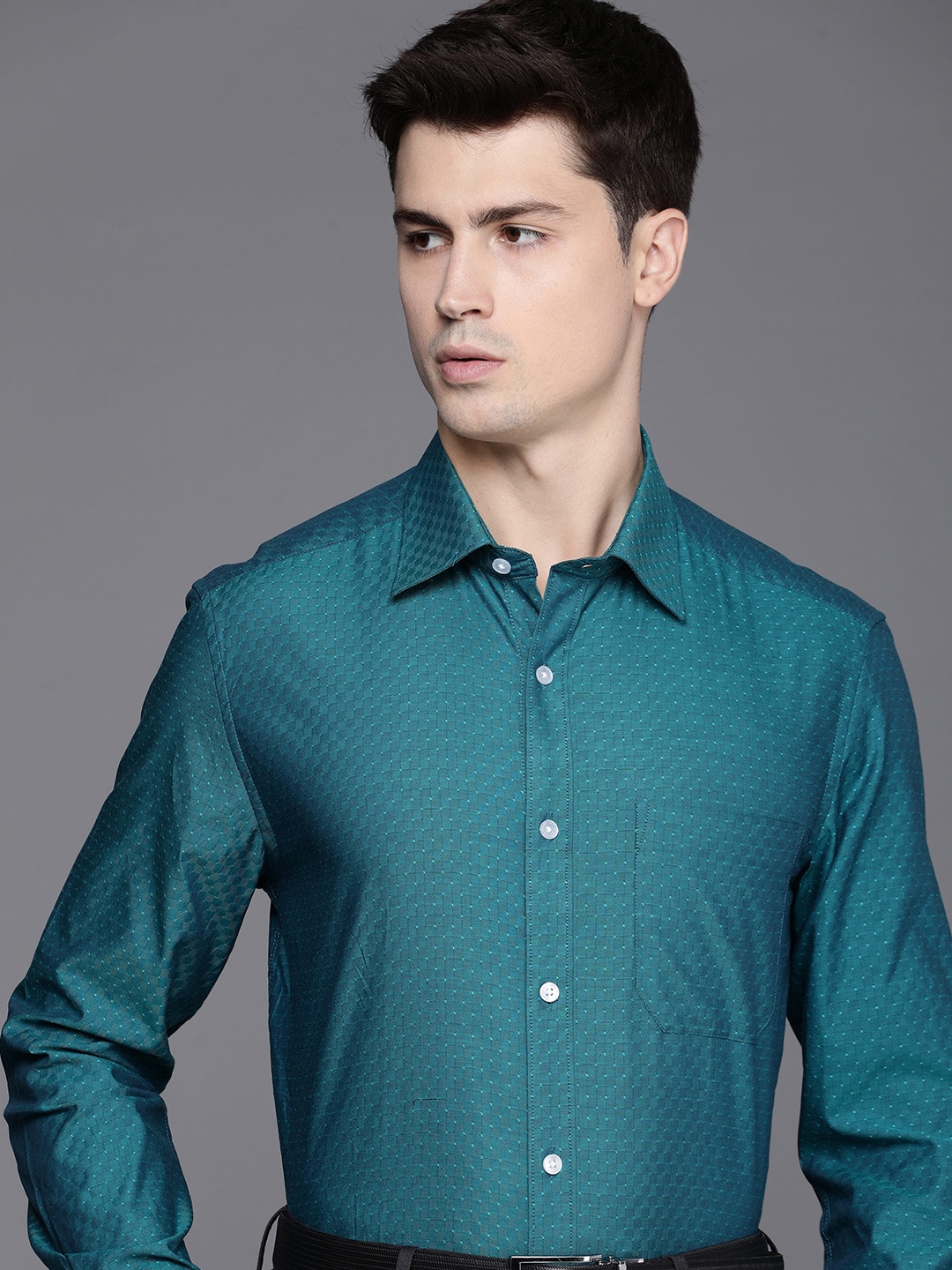 

Louis Philippe Pure Cotton Self Design Textured Classic Fit Formal Shirt, Teal