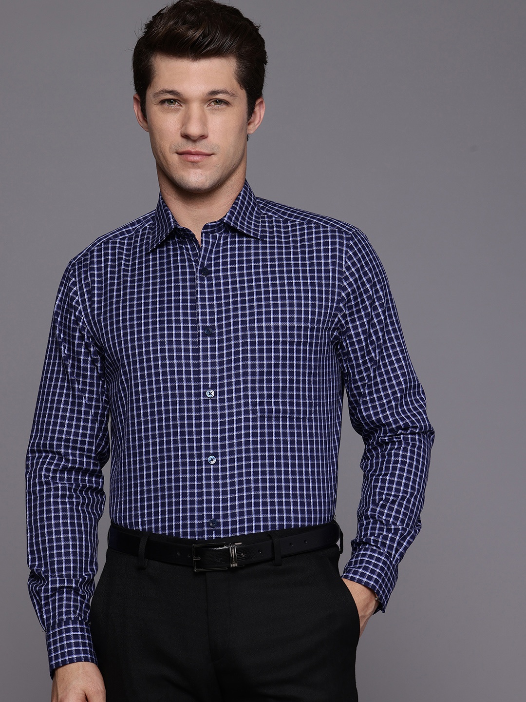 

Louis Philippe Classic Checked Pure Cotton Formal Shirt, Navy blue