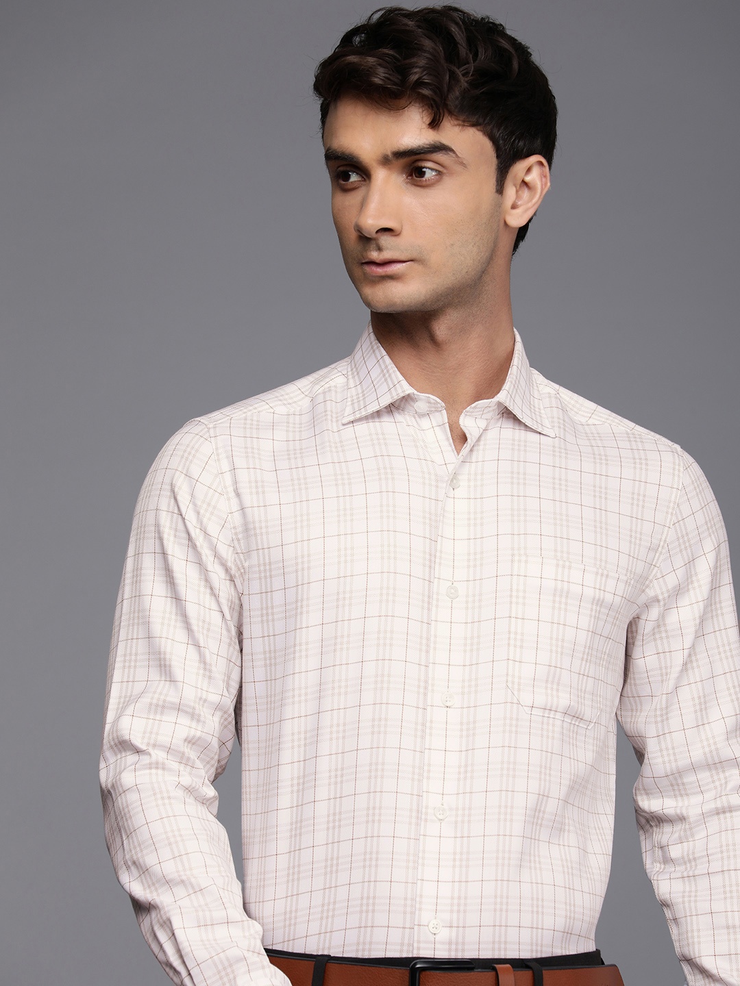 

Louis Philippe Checked Pure Cotton Formal Shirt, Cream