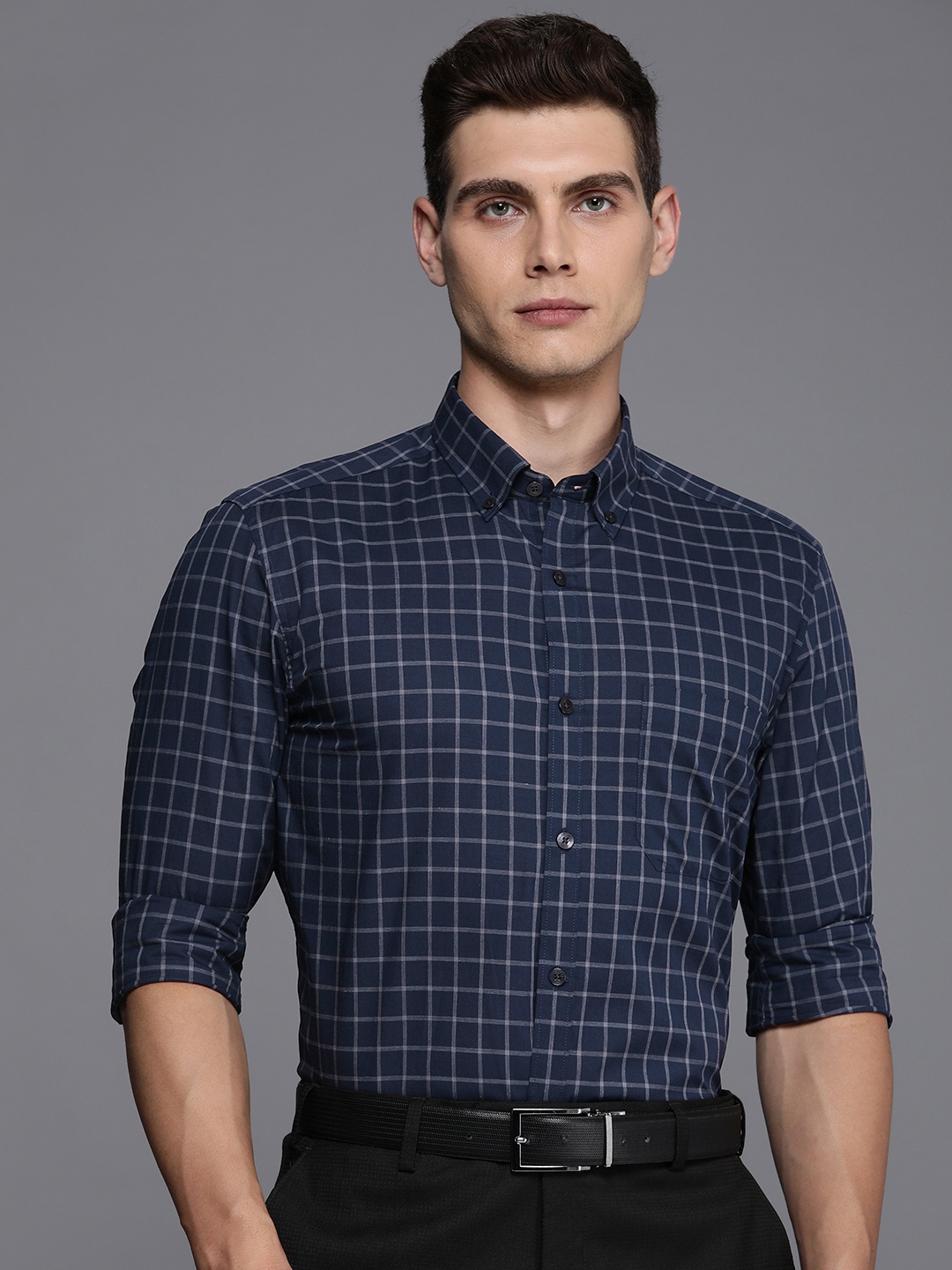 

Louis Philippe Men Pure Cotton Classic Fit Grid Tattersall Checks Opaque Formal Shirt, Navy blue