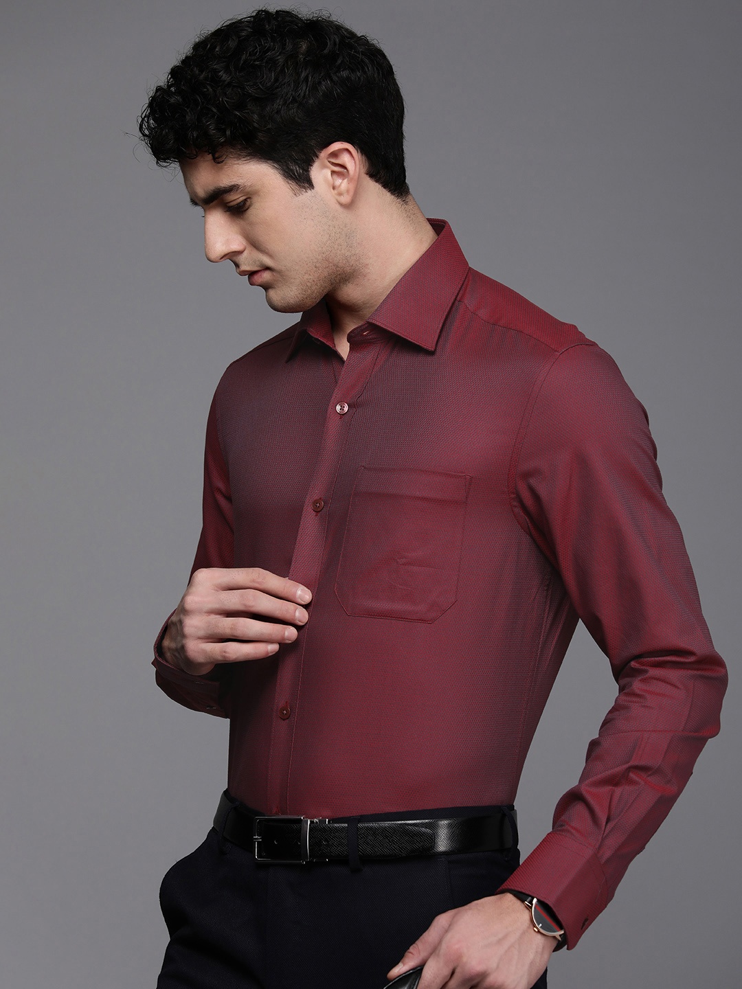 

Louis Philippe Pure Cotton Self Design Textured Classic Opaque Formal Shirt, Red