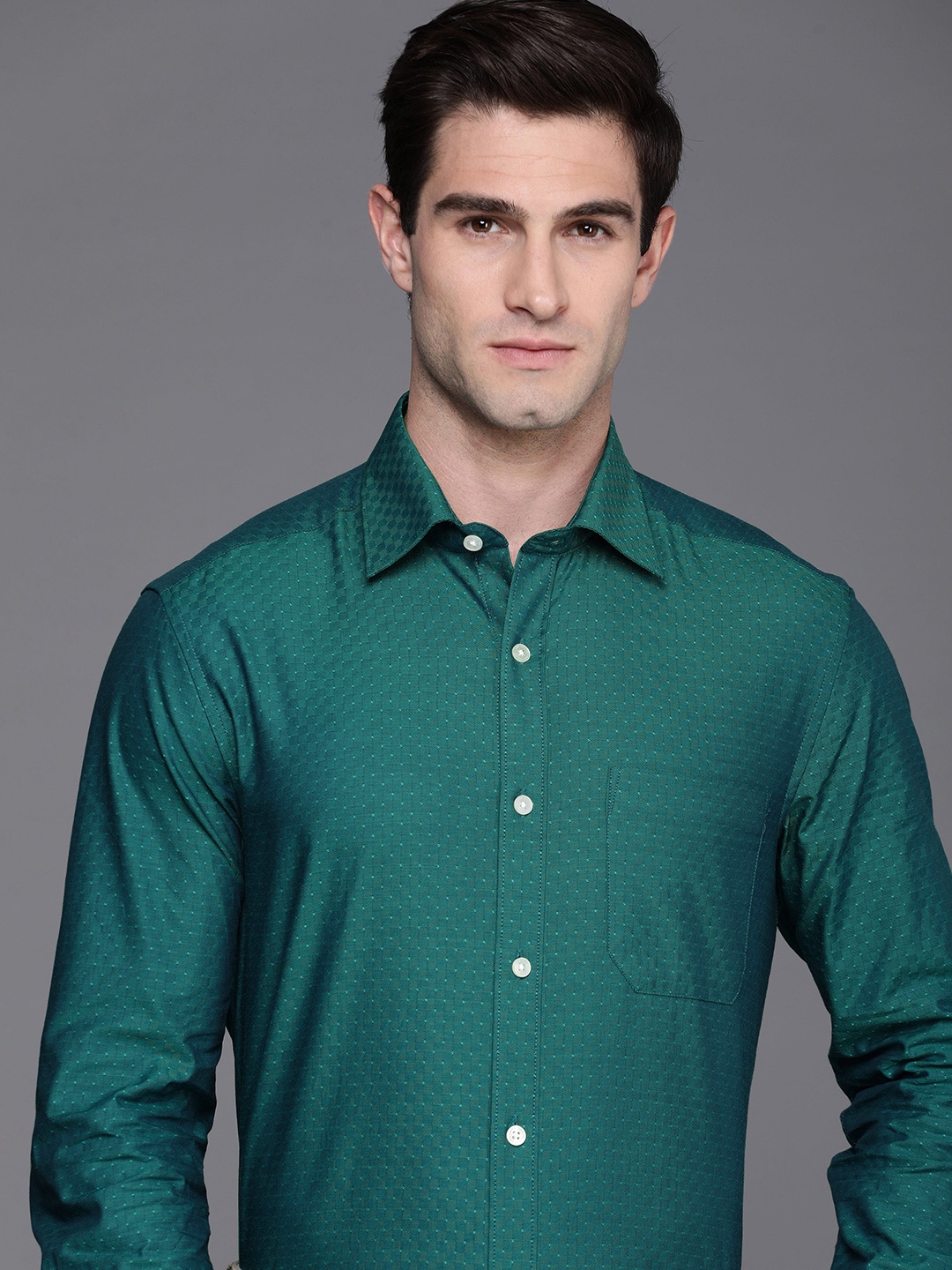 

Louis Philippe Self Design Classic Fit Pure Cotton Formal Shirt, Teal