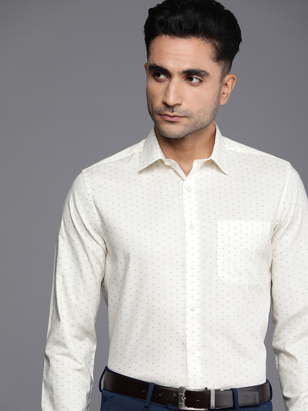 

Louis Philippe Slim Fit Ethnic Motifs Printed Pure Cotton Formal Shirt, Cream