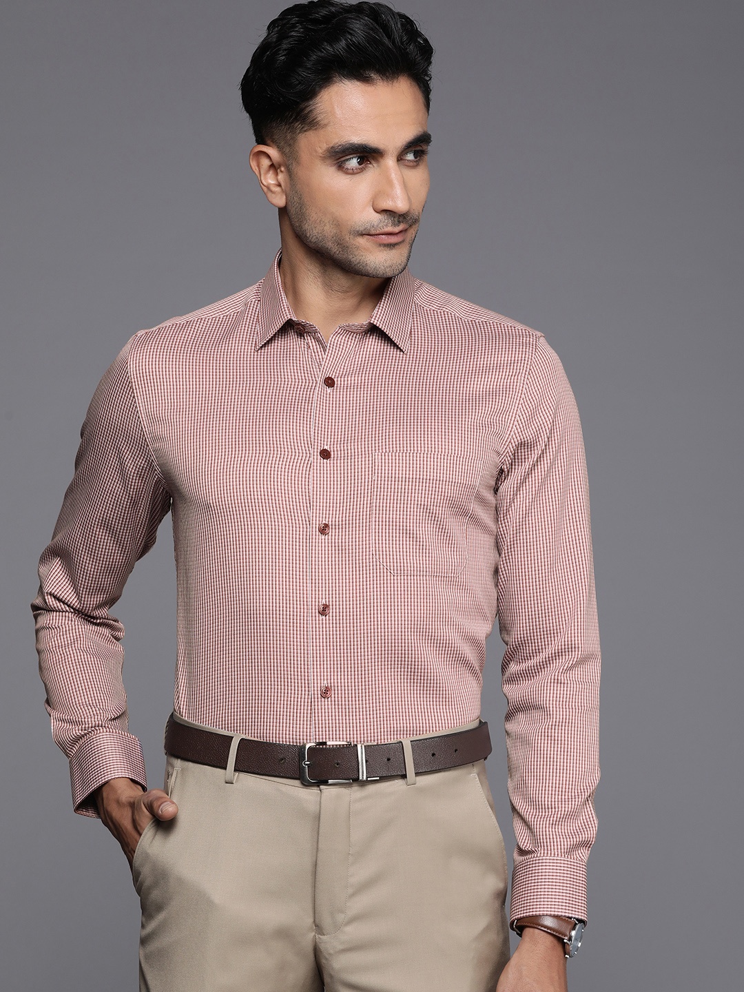 

Louis Philippe Men Slim Fit Pure Cotton Checked Formal Shirt, Rust