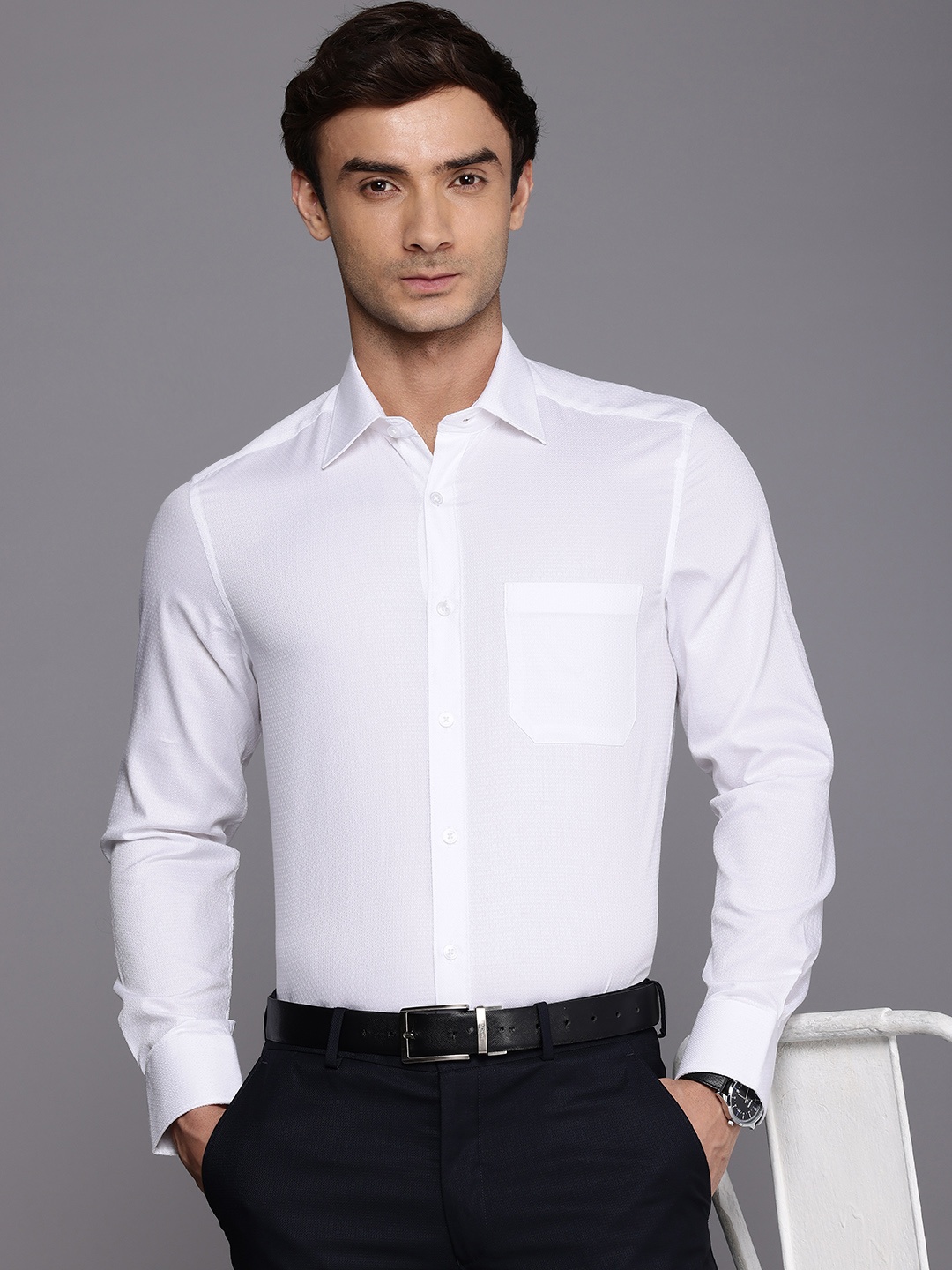

Louis Philippe Classic Geometric Self Design Pure Cotton Formal Shirt, White
