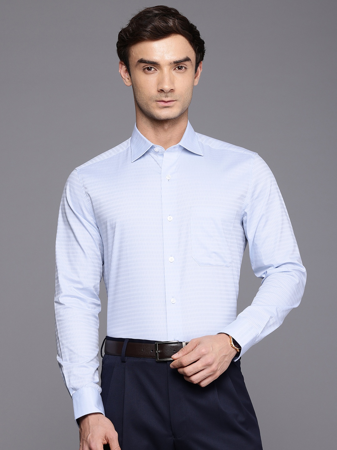 

Louis Philippe Classic Geometric Self Design Formal Shirt, Blue