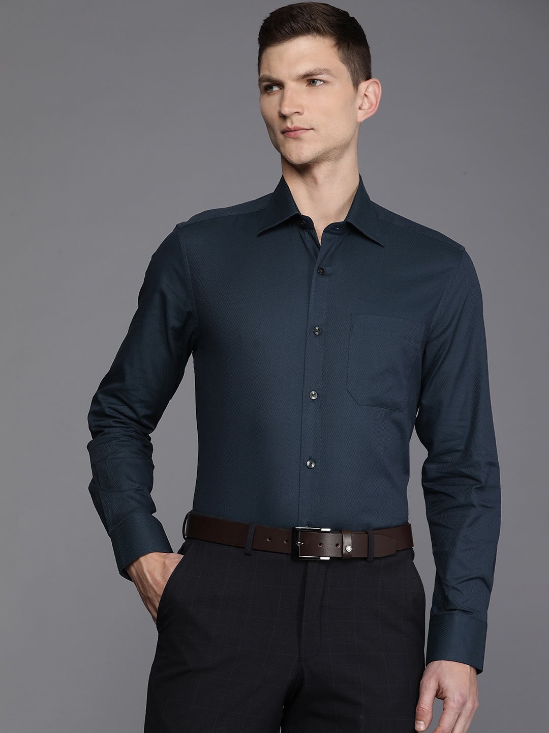 

Louis Philippe Self Design Classic Fit Pure Cotton Formal Shirt, Teal