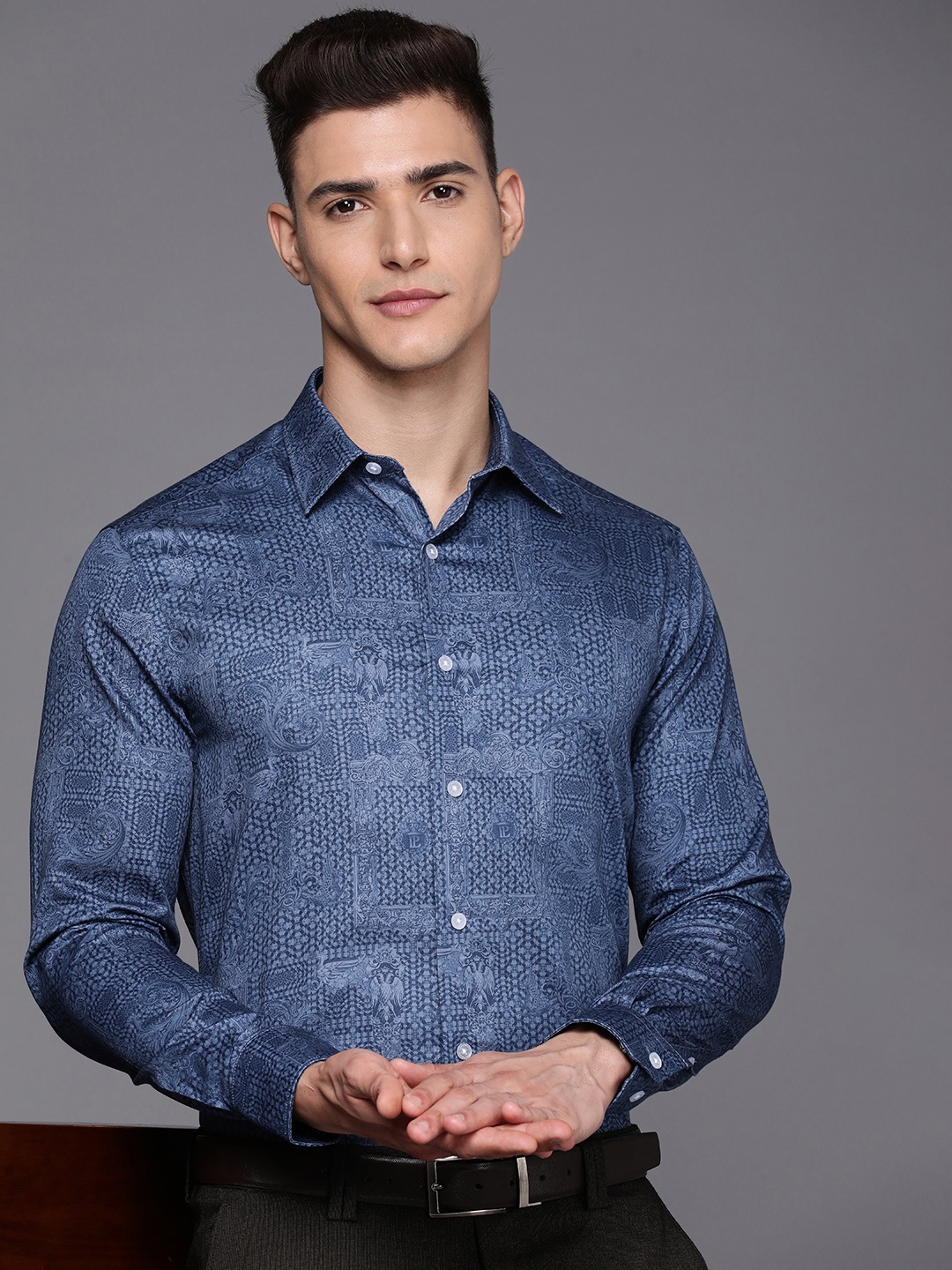 

Louis Philippe Pure Cotton Classic Fit Ethnic Motifs Printed Formal Shirt, Blue