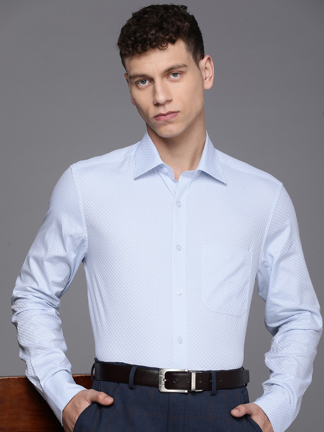 

Louis Philippe Pure Cotton Self Design Classic Fit Textured Formal Shirt, Blue