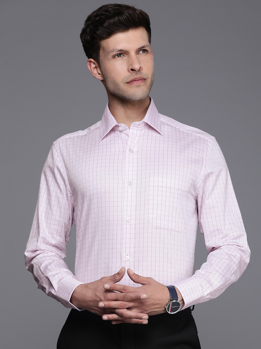 

Louis Philippe Pure Cotton Classic Grid Tattersall Checked Formal Shirt, Pink