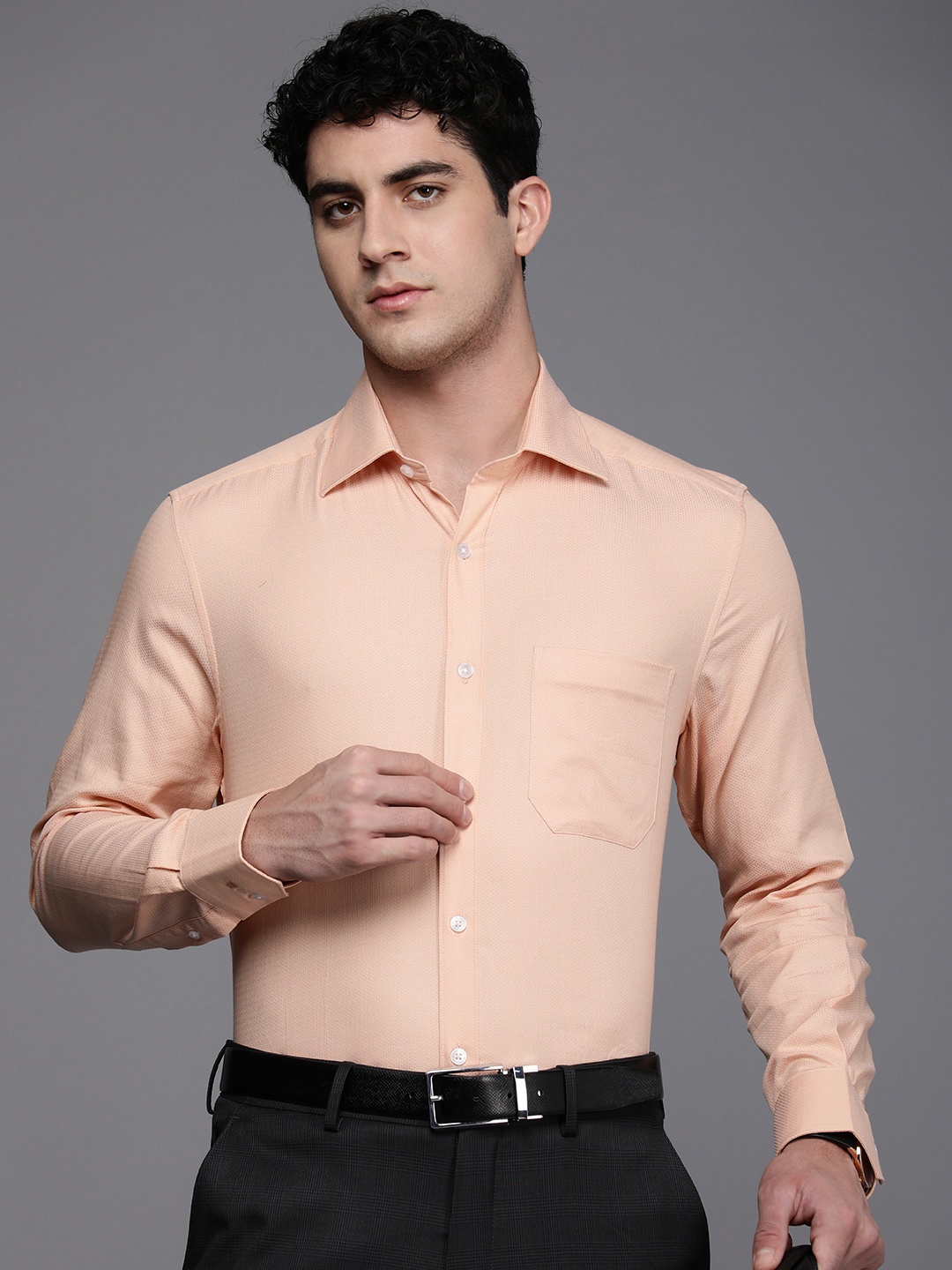 

Louis Philippe Pure Cotton Self Design Textured Classic Opaque Formal Shirt, Peach