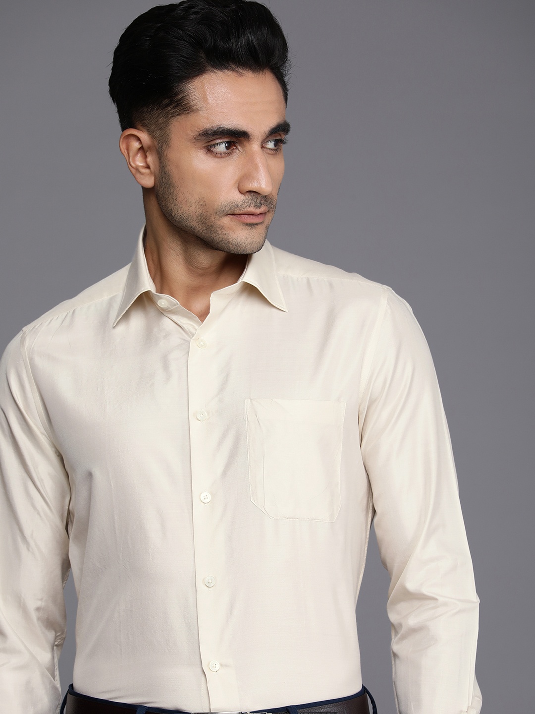 

Louis Philippe Solid Classic Fit Pure Silk Formal Shirt, Cream