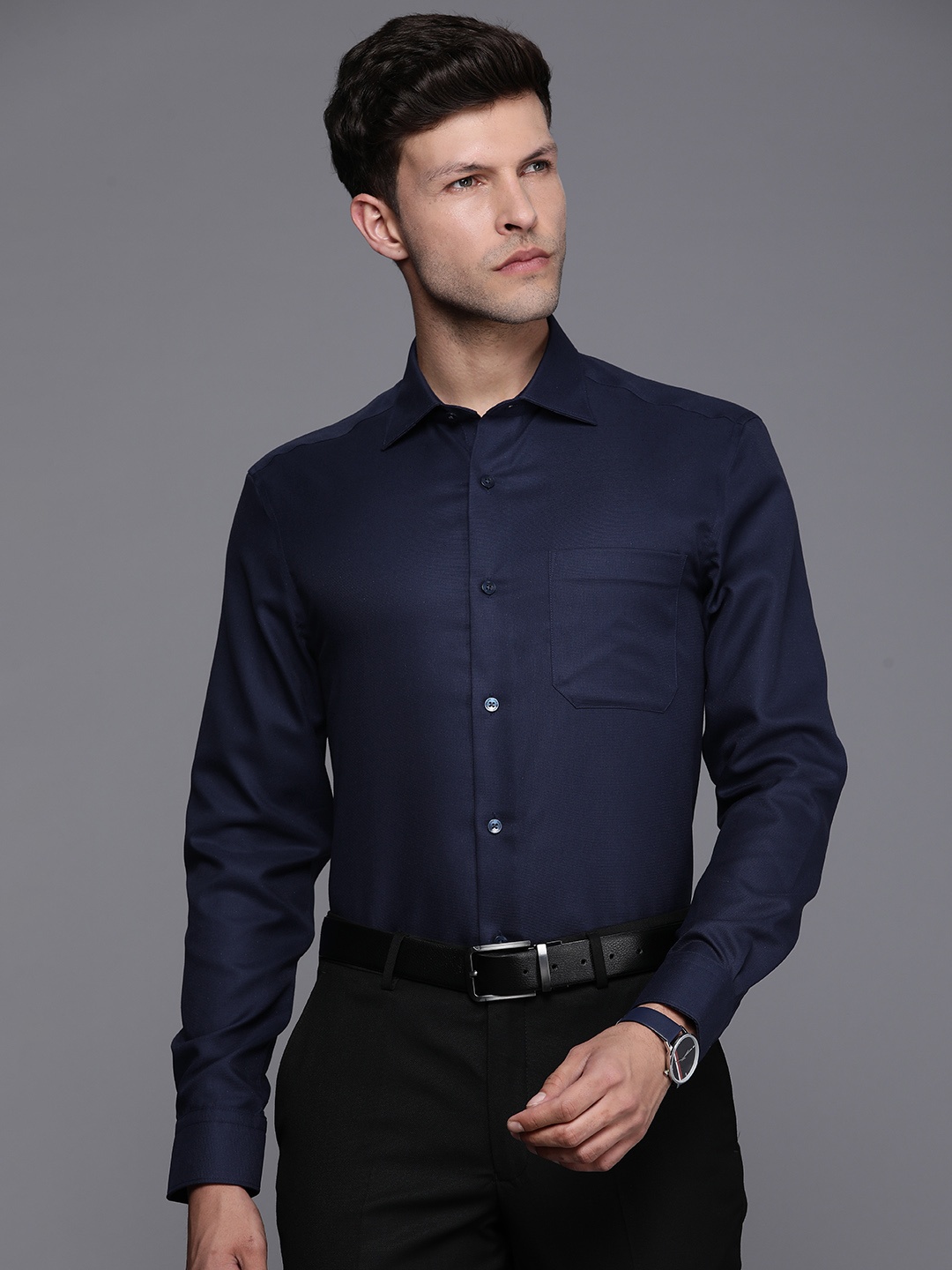 

Louis Philippe Pure Cotton Self Design Textured Classic Opaque Formal Shirt, Navy blue
