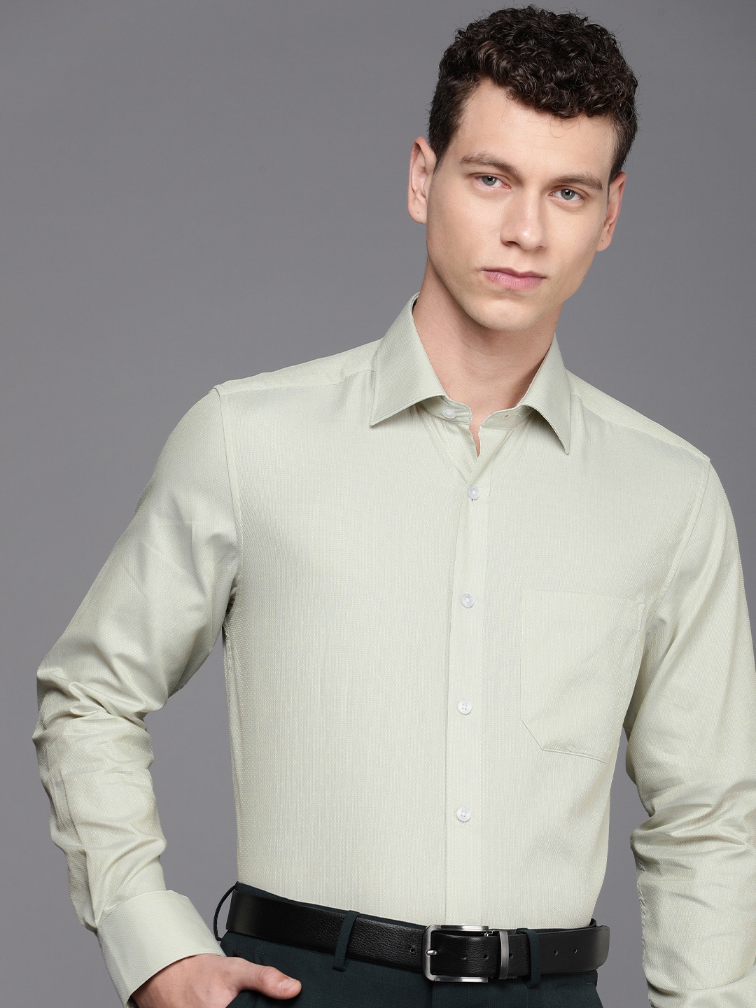 

Louis Philippe Self Design Textured Classic Fit Pure Cotton Formal Shirt, Green