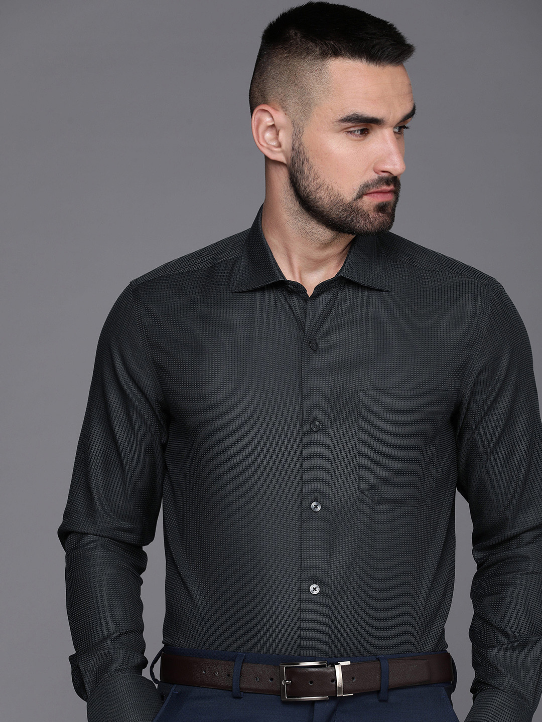 

Louis Philippe Classic Fit Geometric Printed Pure Cotton Formal Shirt, Black