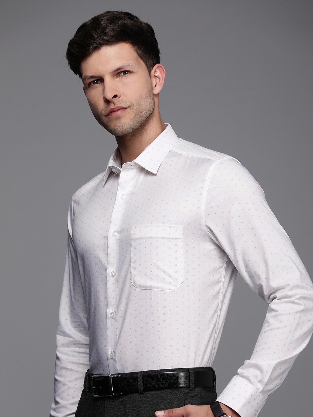 

Louis Philippe Slim Fit Ethnic Motifs Printed Pure Cotton Formal Shirt, White