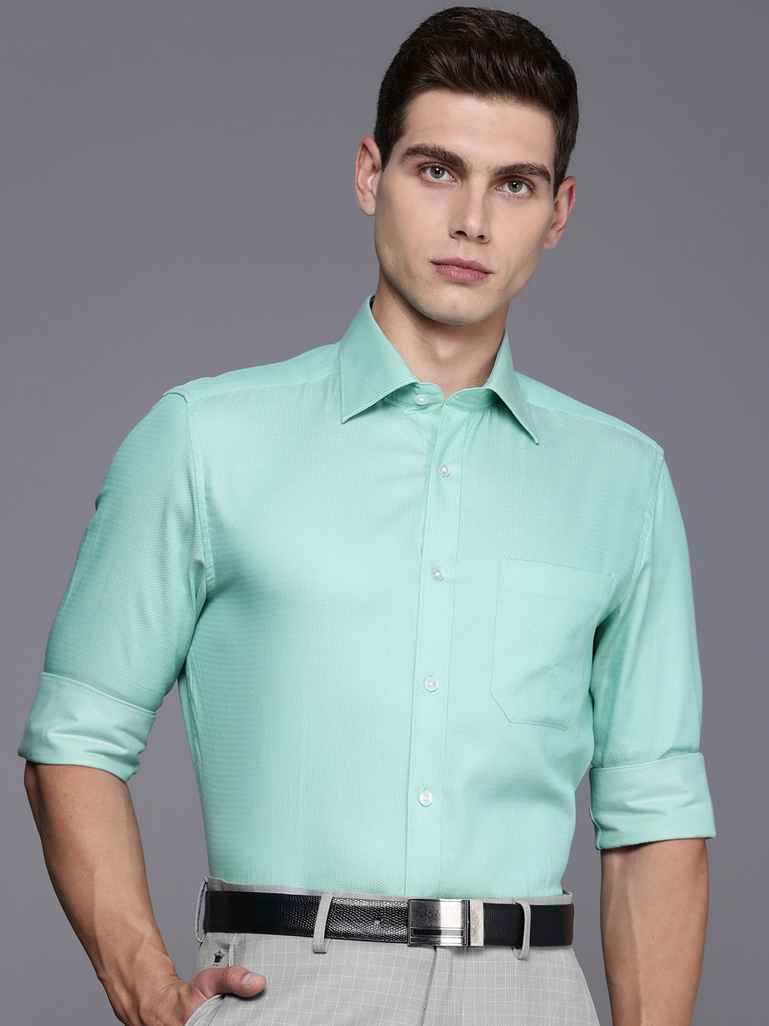 

Louis Philippe Pure Cotton Self Design Textured Classic Opaque Formal Shirt, Turquoise blue