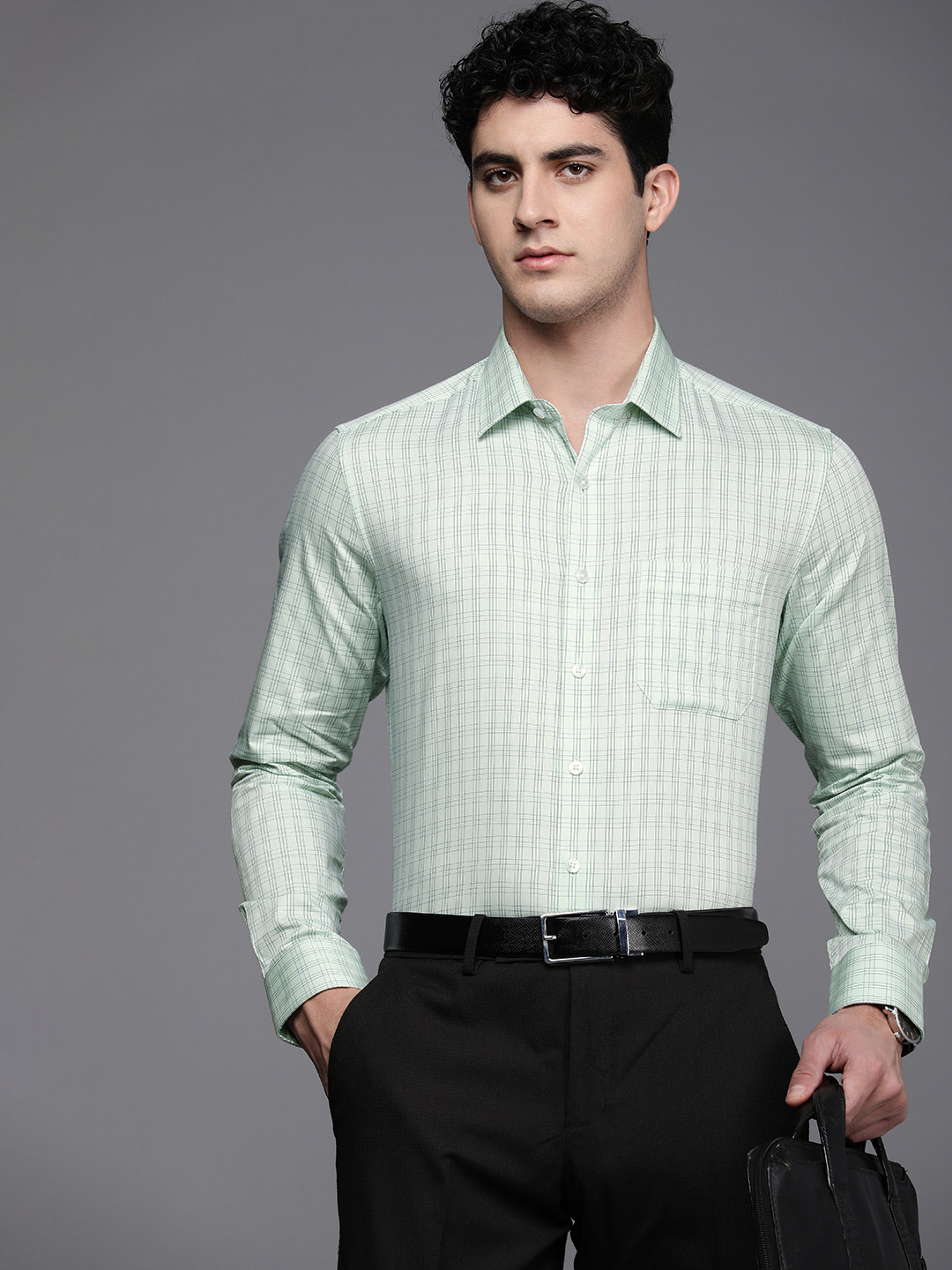 

Louis Philippe Men Pure Cotton Slim Fit Checked Formal Shirt, Green