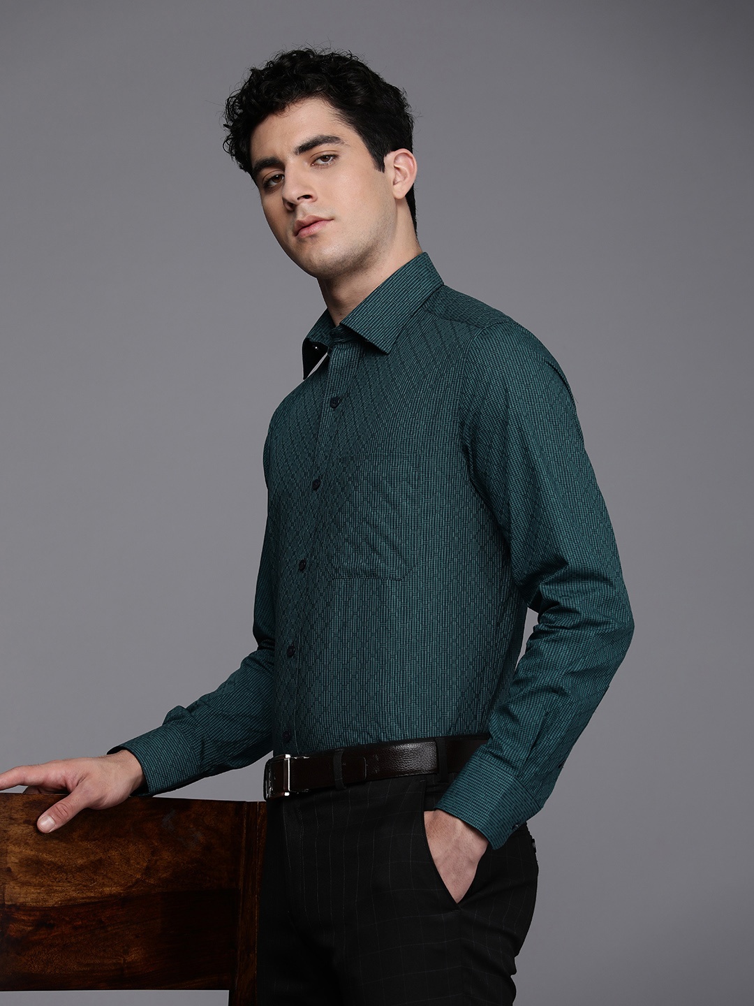 

Louis Philippe Pure Cotton Classic Opaque Checked Formal Shirt, Teal