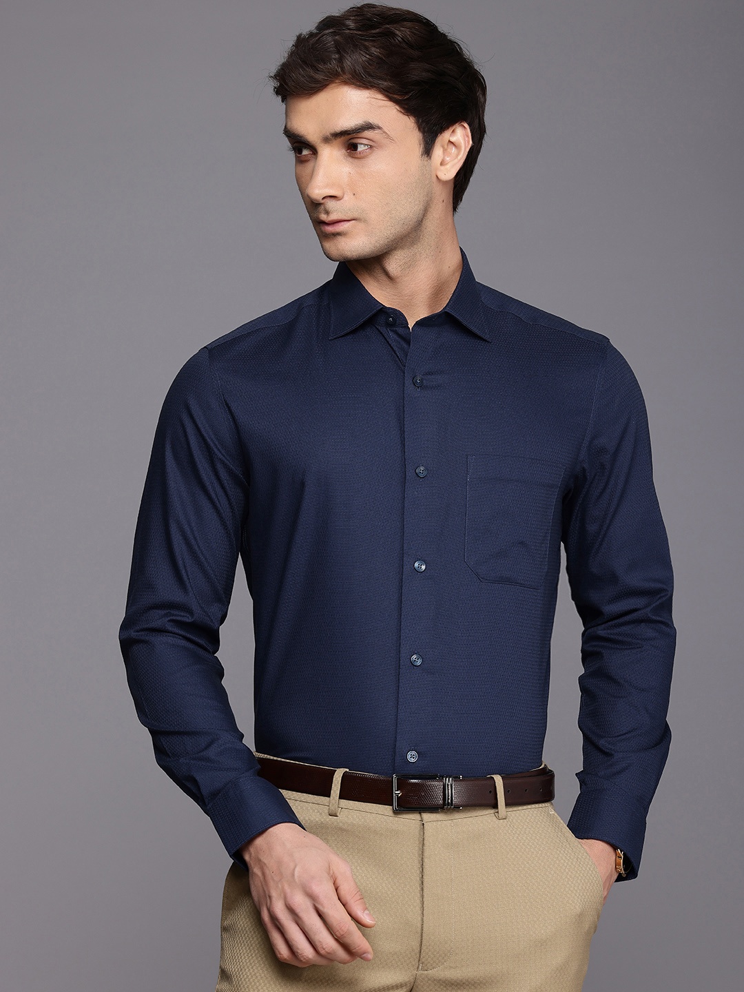 

Louis Philippe Classic Textured Pure Cotton Formal Shirt, Navy blue