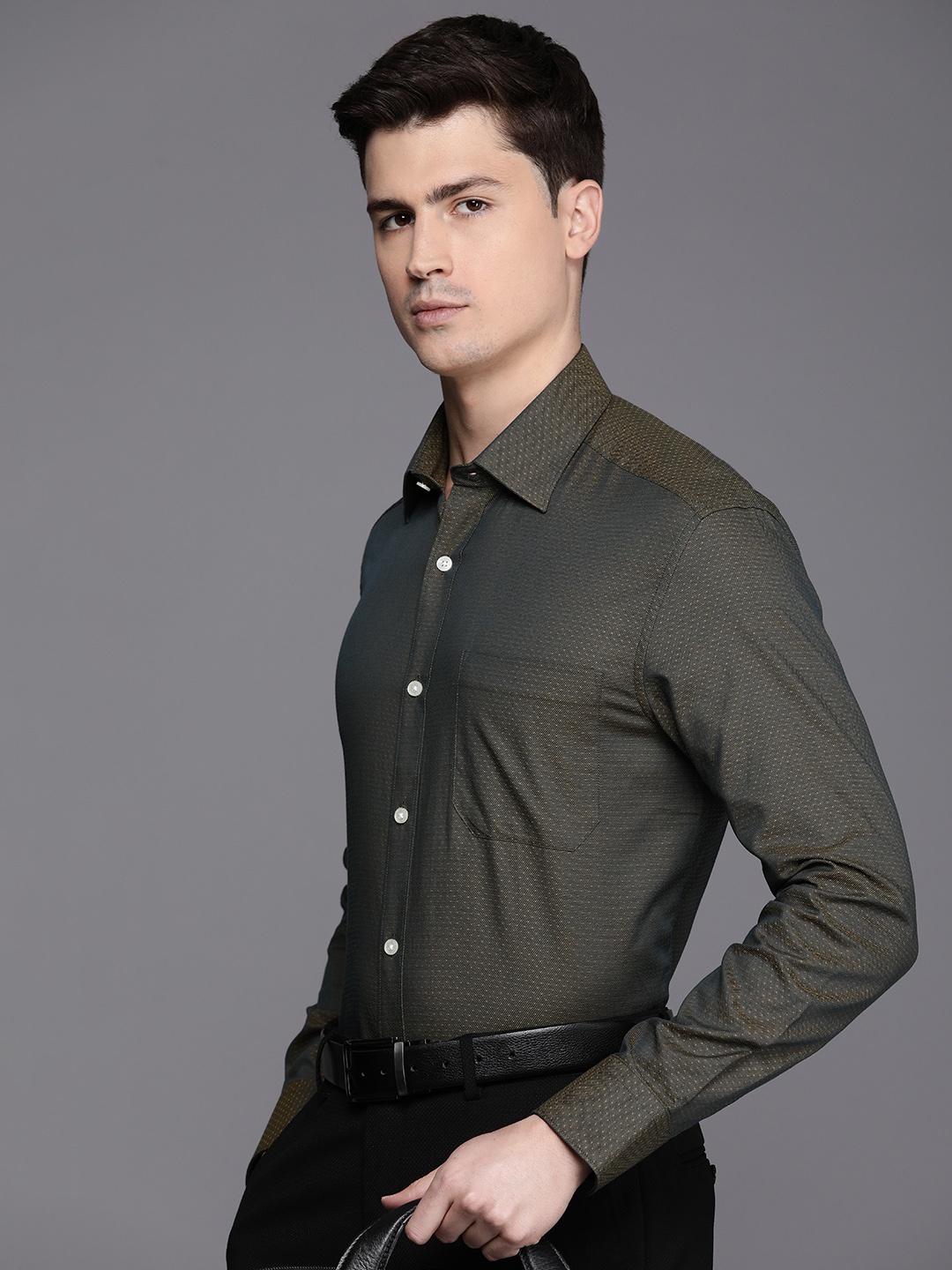 

Louis Philippe Pure Cotton Classic Fit Self Design Opaque Formal Shirt, Olive