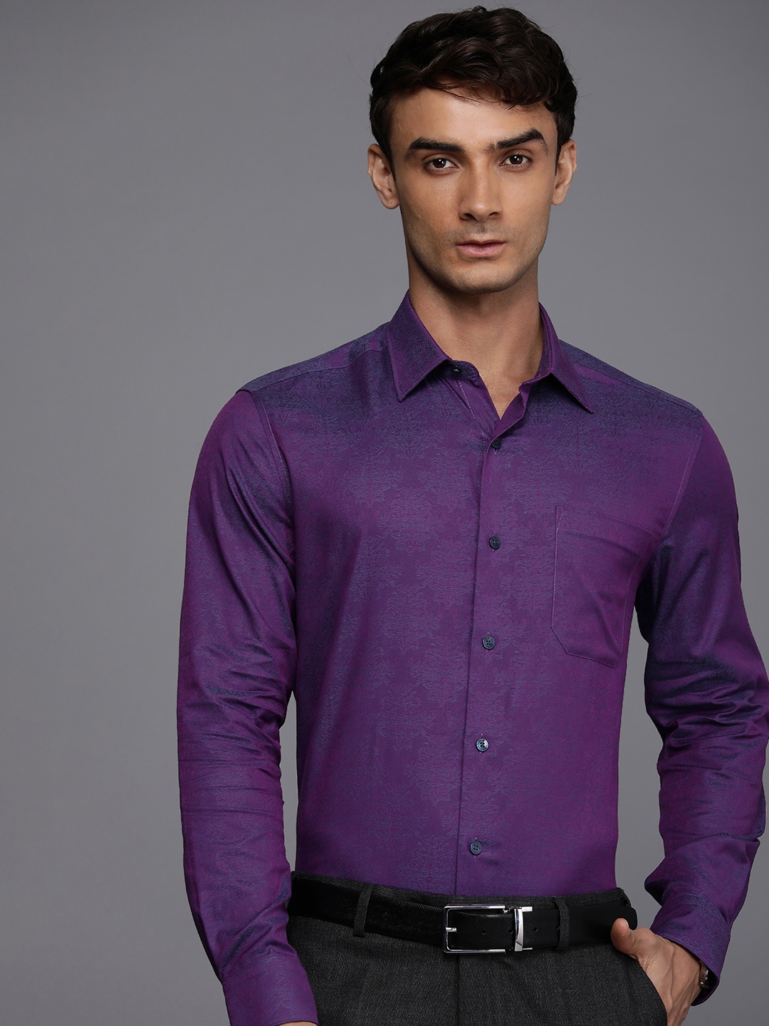 

Louis Philippe Pure Cotton Ethnic Motifs Self Design Classic Fit Formal Shirt, Purple