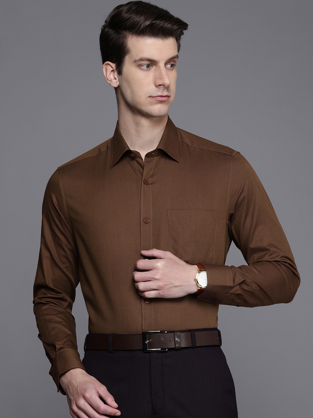 

Louis Philippe Self Design Classic Fit Pure Cotton Formal Shirt, Brown