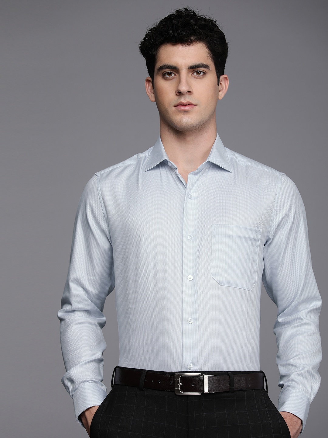 

Louis Philippe Pure Cotton Self Design Textured Classic Opaque Formal Shirt, Blue