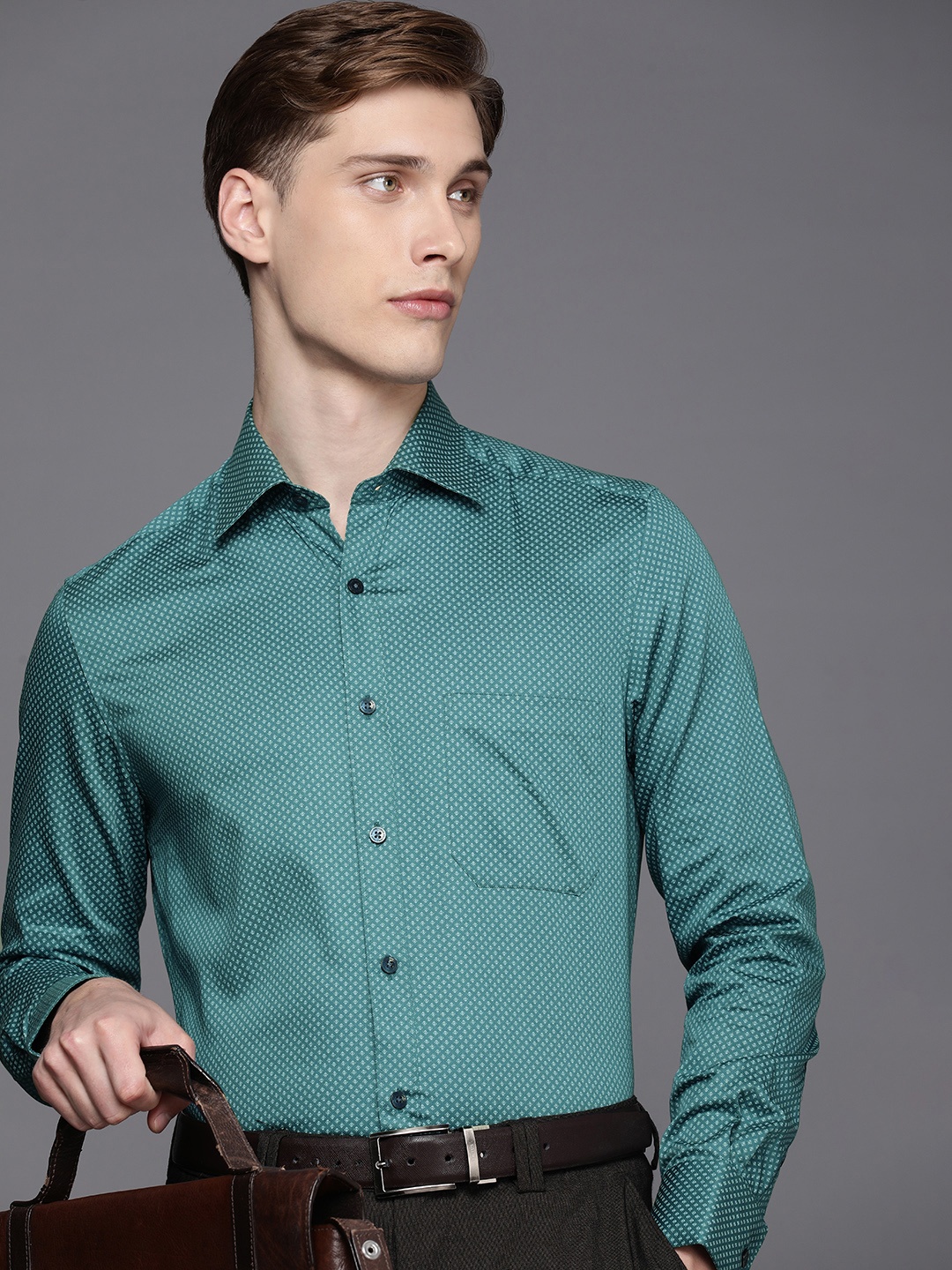

Louis Philippe Pure Cotton Classic Fit Geometric Printed Formal Shirt, Teal
