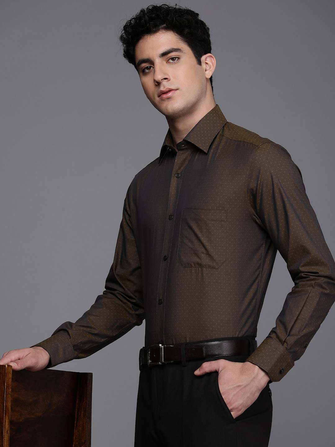 

Louis Philippe Pure Cotton Self Design Classic Fit Formal Shirt, Brown