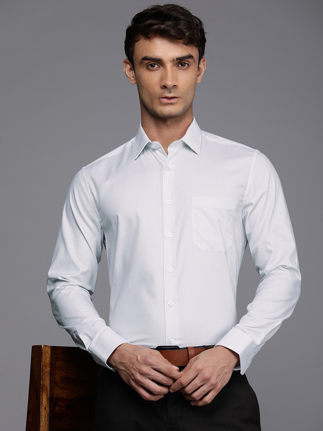 

Louis Philippe Slim Fit Ethnic Motifs Printed Pure Cotton Formal Shirt, Grey