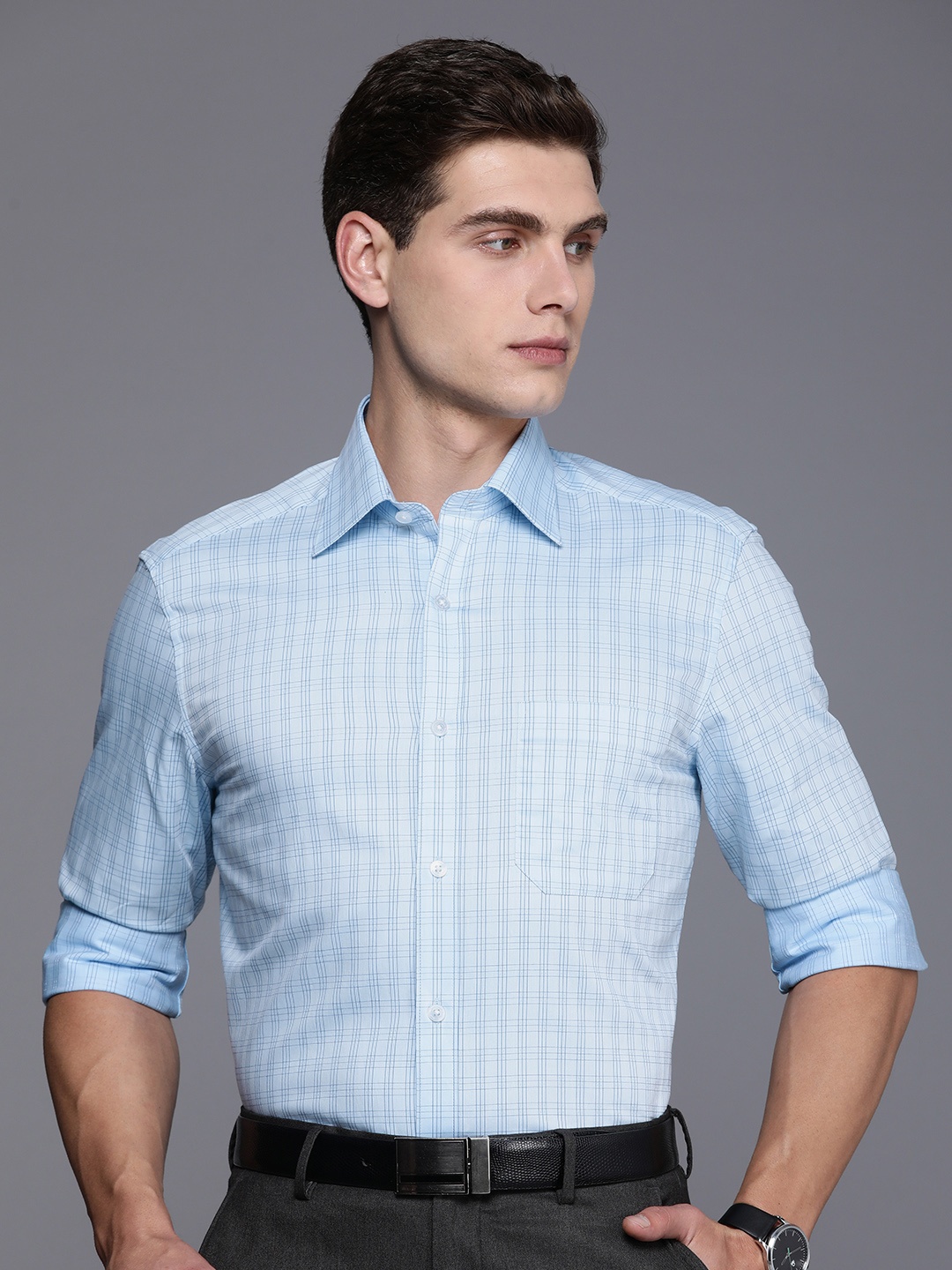 

Louis Philippe Classic Fit Checked Pure Cotton Formal Shirt, Blue