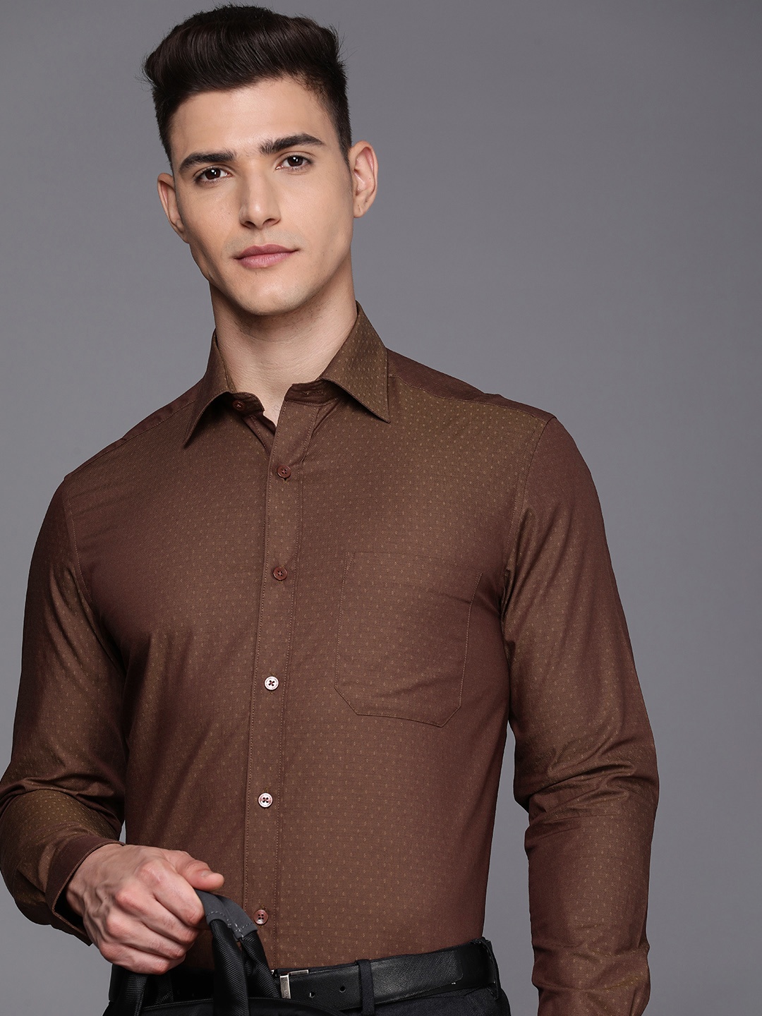 

Louis Philippe Pure Cotton Self Design Classic Fit Textured Formal Shirt, Brown