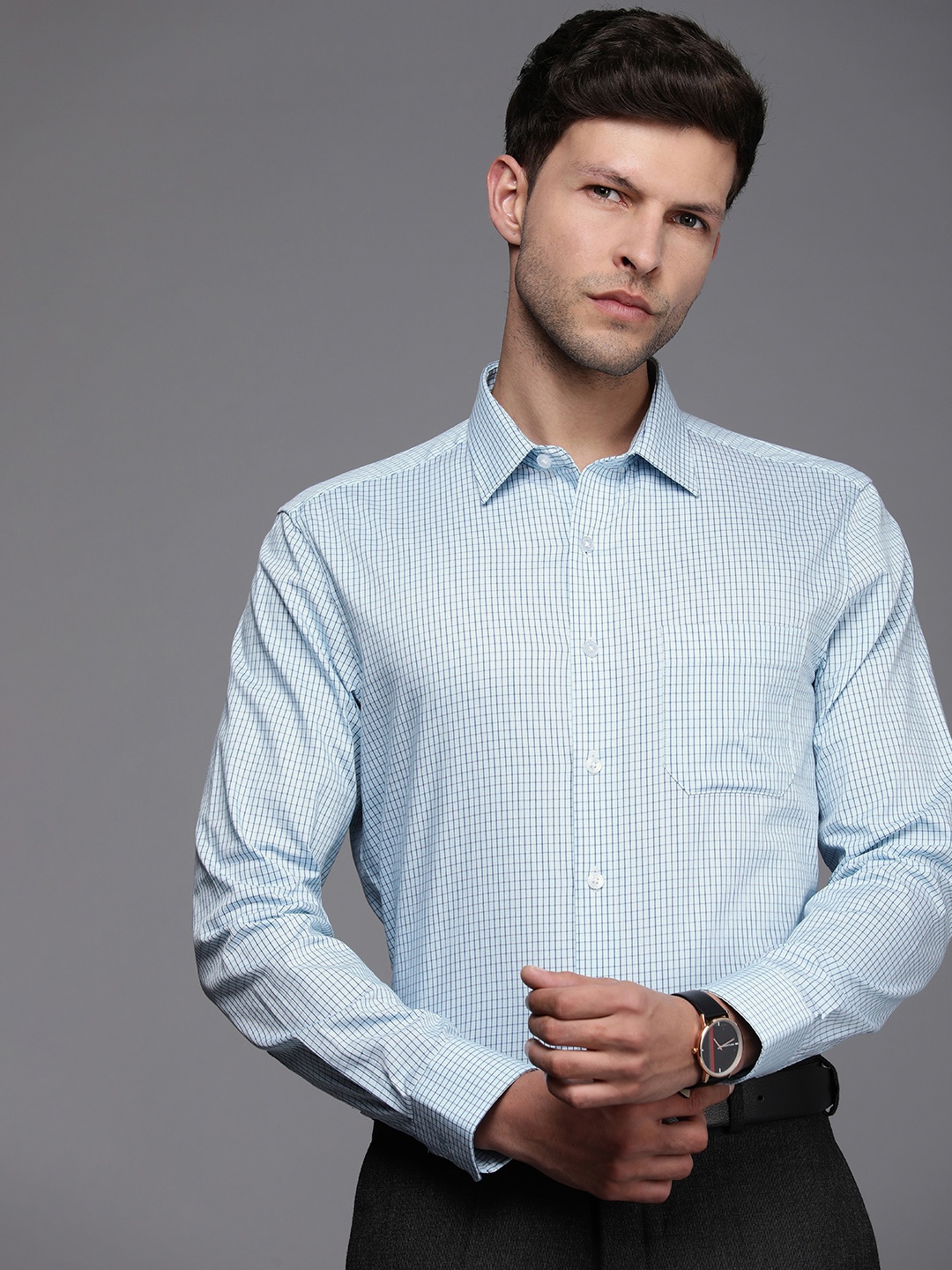

Louis Philippe Men Pure Cotton Slim Fit Micro Checked Formal Shirt, Blue