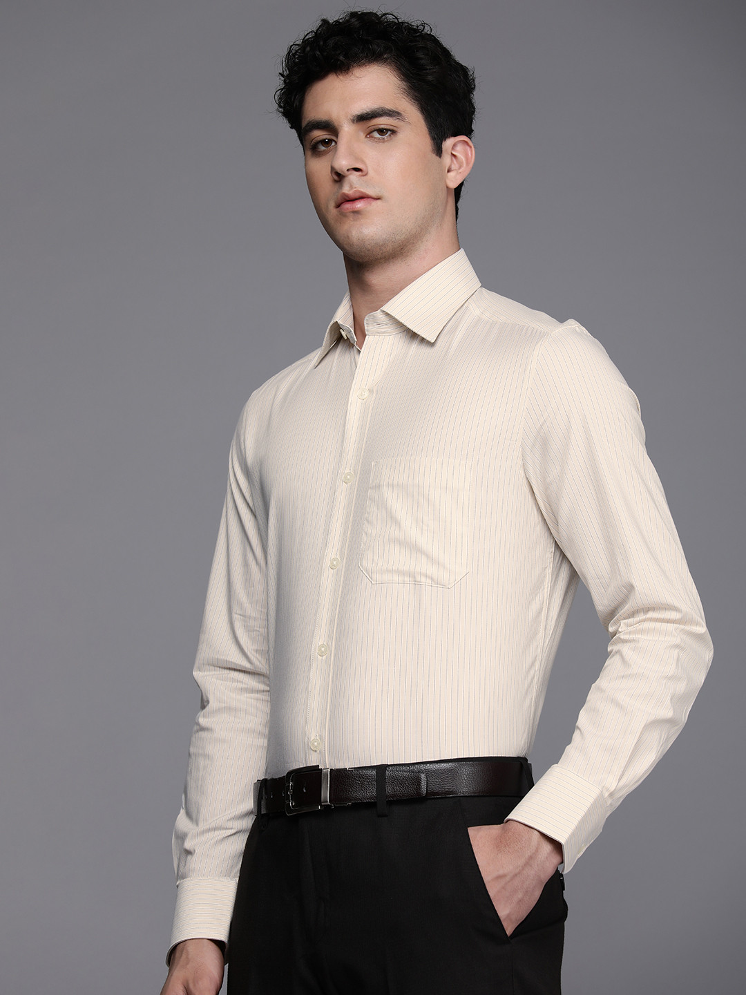 

Louis Philippe Pure Cotton Classic Opaque Striped Formal Shirt, Cream