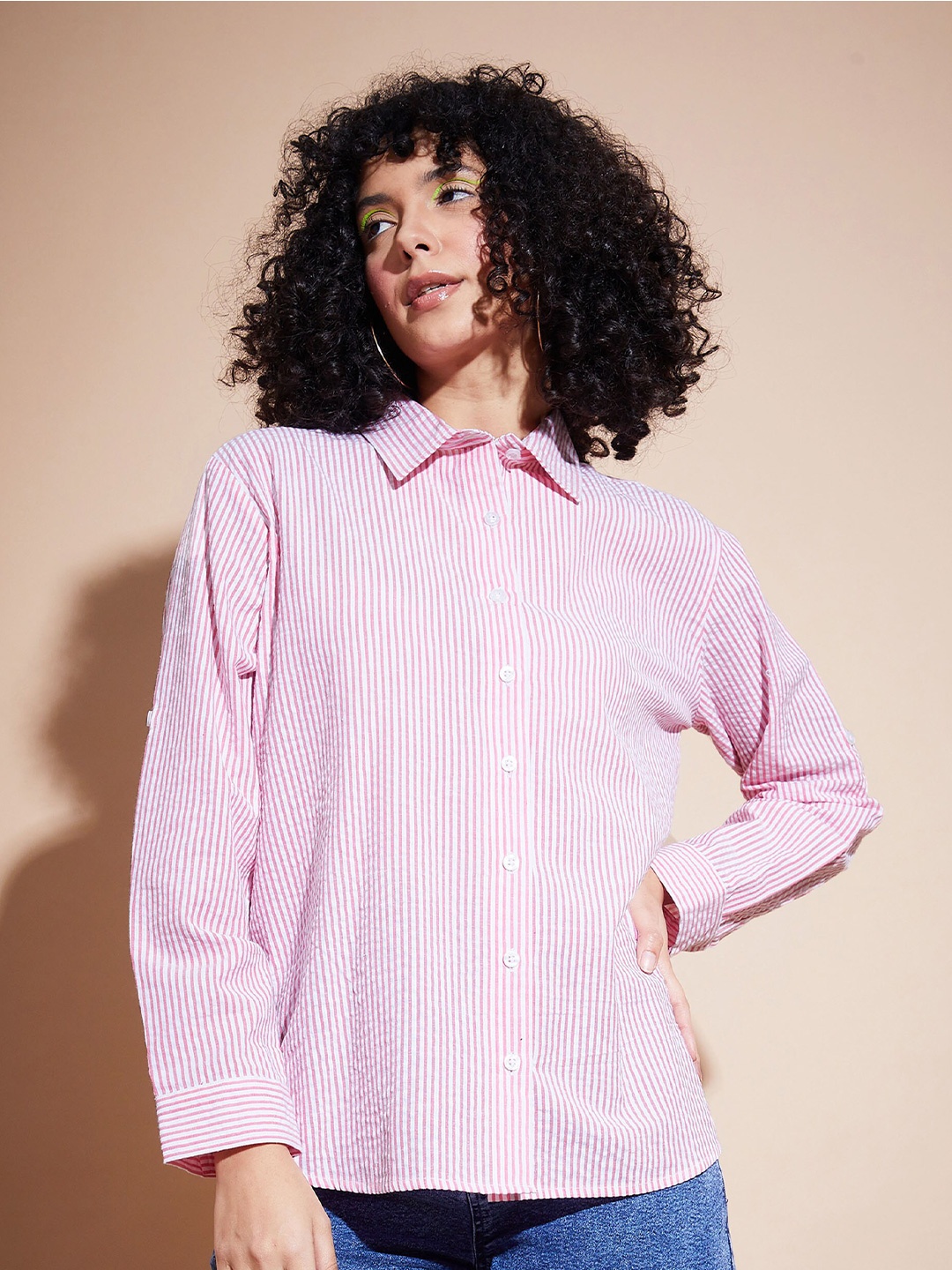 

SASSAFRAS BASICS Oversized Vertical Stripes Roll-Up Sleeves Cotton Casual Shirt, Pink