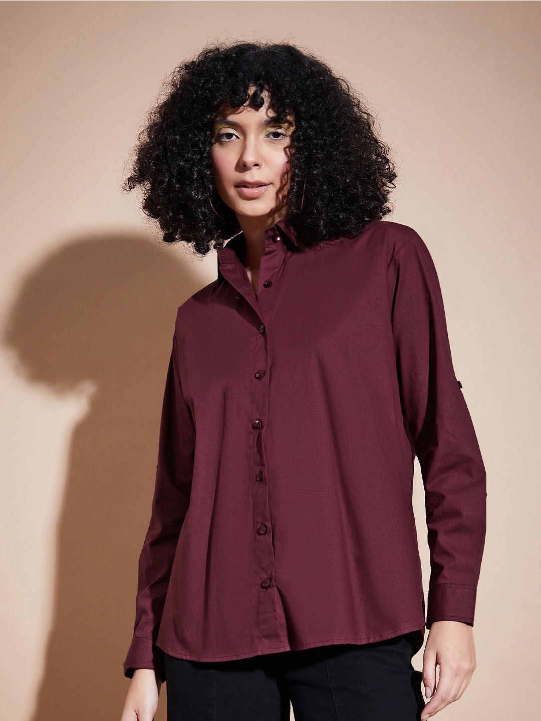 

SASSAFRAS BASICS Roll-Up Sleeves Oversized Pure Cotton Shirt, Maroon