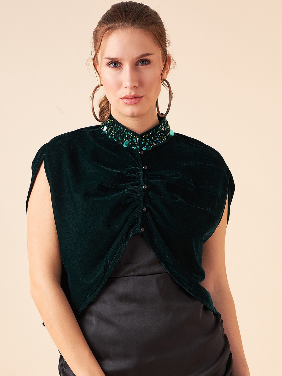 

Antheaa Embellished Jewel Neck Crop Cape Jacket, Green