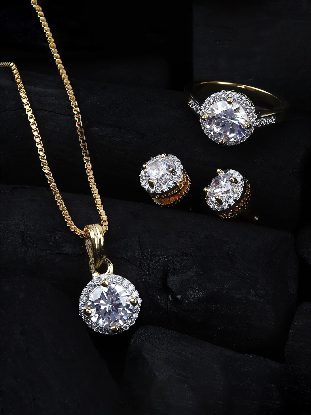 

Mirana Gold-Plated Cubic Zirconia Studded Necklace & Earrings With Ring