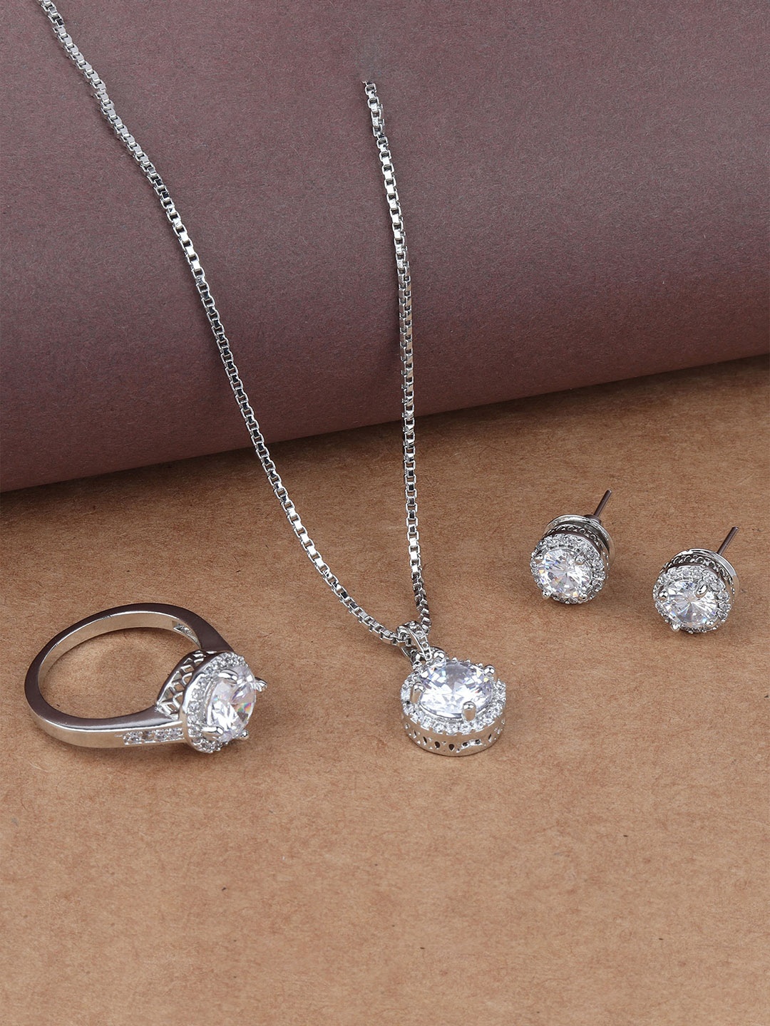 

Mirana Silver -Plated Cubic Zirconia Studded Necklace & Earrings With Ring