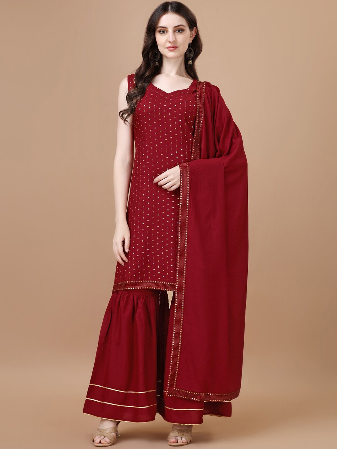 

KALINI Ethnic Motifs Embroidered Sequined Sweetheart Neck Kurta With Palazzos & Dupatta, Maroon