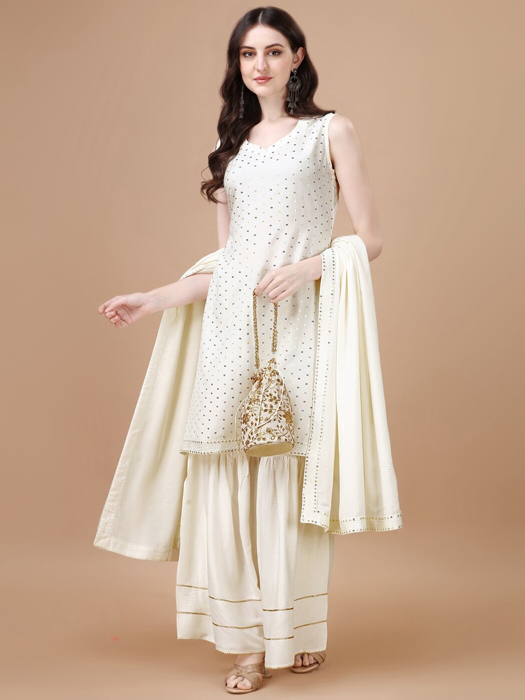 

KALINI Ethnic Motifs Embroidered Sequined Sweetheart Neck Kurta With Palazzos & Dupatta, White