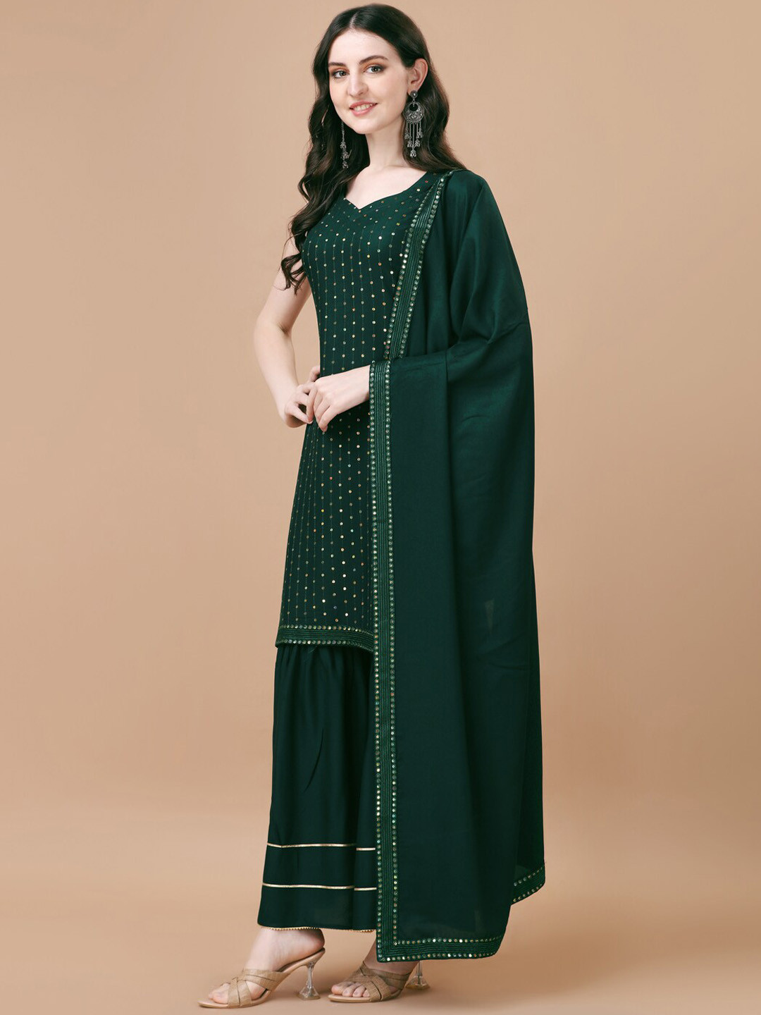 

KALINI Geometric Embroidered Sequinned Detailed A-Line Kurta & Sharara With Dupatta, Green