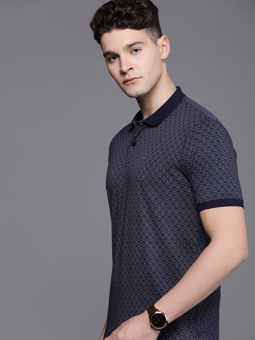 

Louis Philippe Men Printed Polo Collar Pure Cotton T-shirt, Navy blue