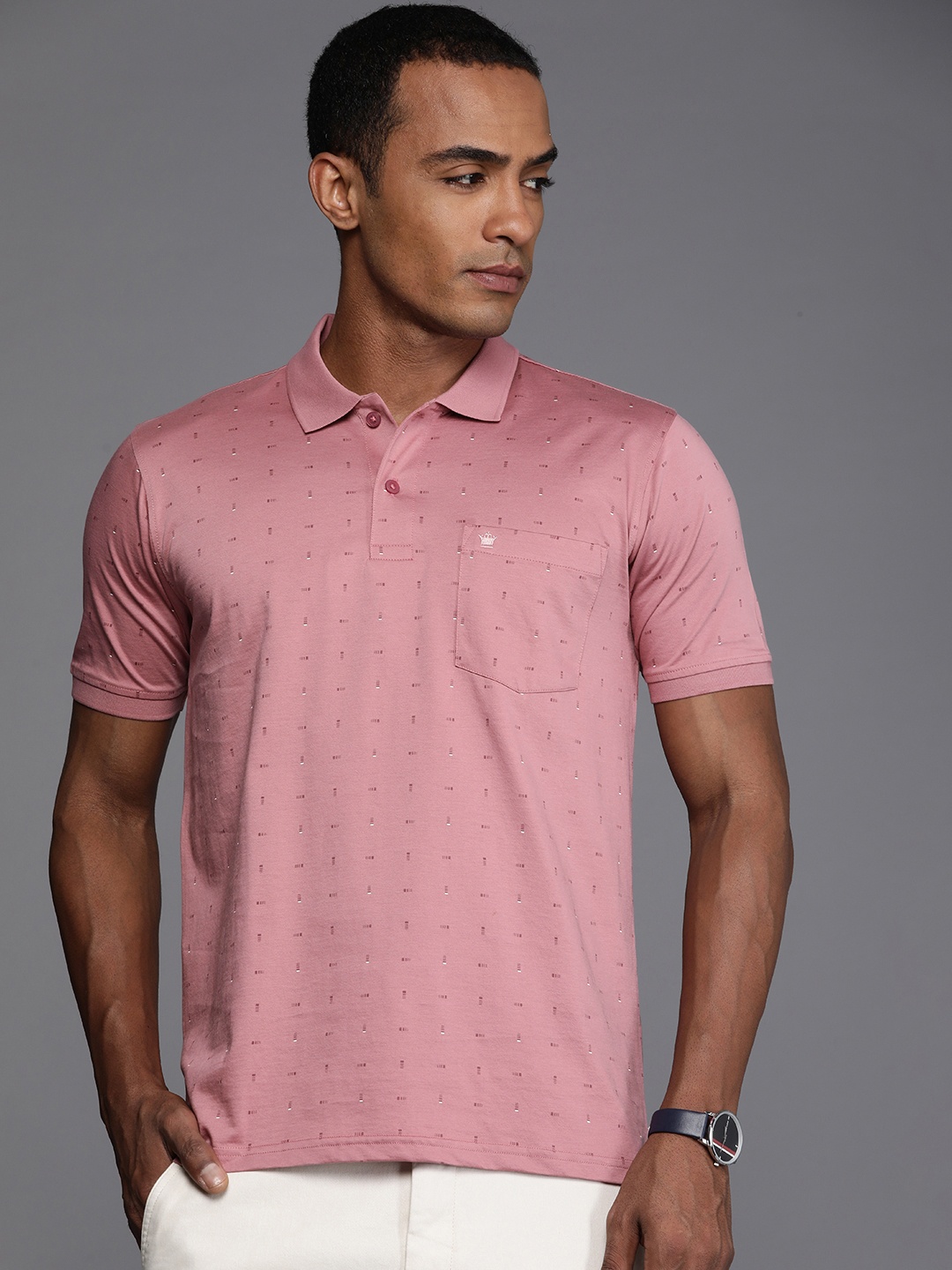 

Louis Philippe Geometric Printed Polo Collar Pure Cotton T-shirt With Chest Pocket, Rose